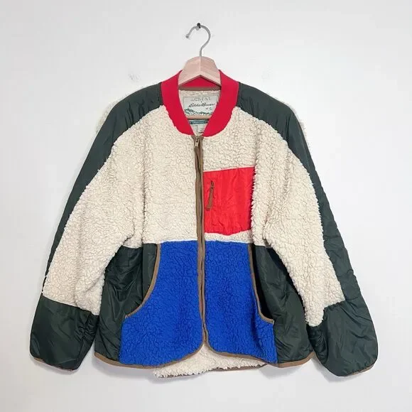 THE GREAT x Eddie Bauer Colorblock Sherpa Fleece Jacket Women’s L Zip Up Outdoor - Picture 2 of 9
